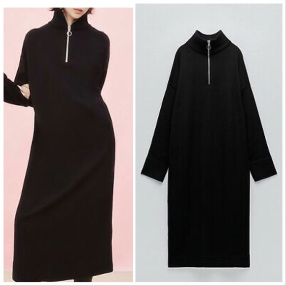 NWT ZARA AW21 BLACK KNIT MAXI SWEATER DRESS WITH ZIPPER - Picture 1 of 8